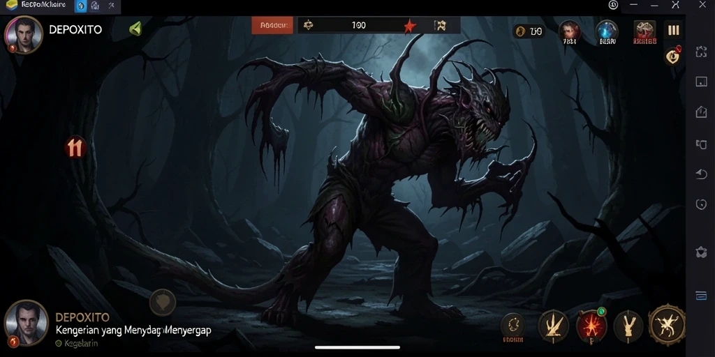 Screenshot gameplay DEPOXITO yang menampilkan suasana kegelapan dan ketegangan.