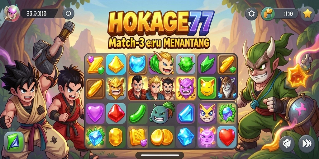 Screenshot HOKAGE77 menunjukkan gameplay Match-3 yang seru dan penuh aksi.