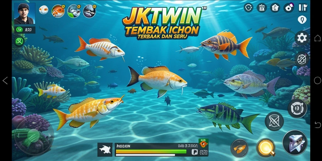 Screenshot JKTWIN menampilkan aksi seru Tembak Ikan di lautan.